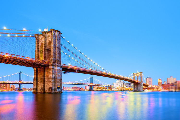 The Brooklyn and Manhattan Bridges at dusk, New York