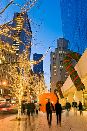 57th Street, New York at dusk decorated for Christmas