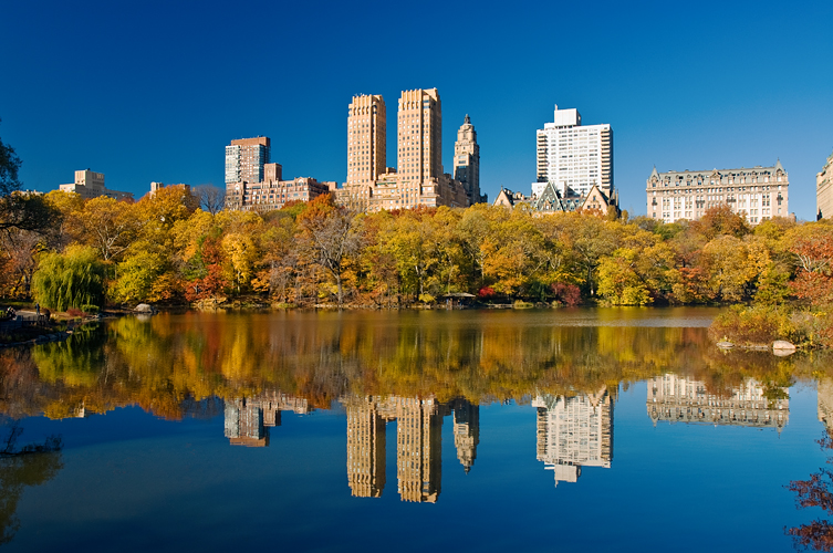 Central Park West seen from the Lake, Central Park, in autumn