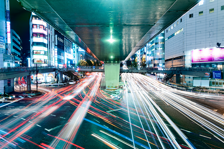 Car light trails at Shibuya underpass, Tokyo