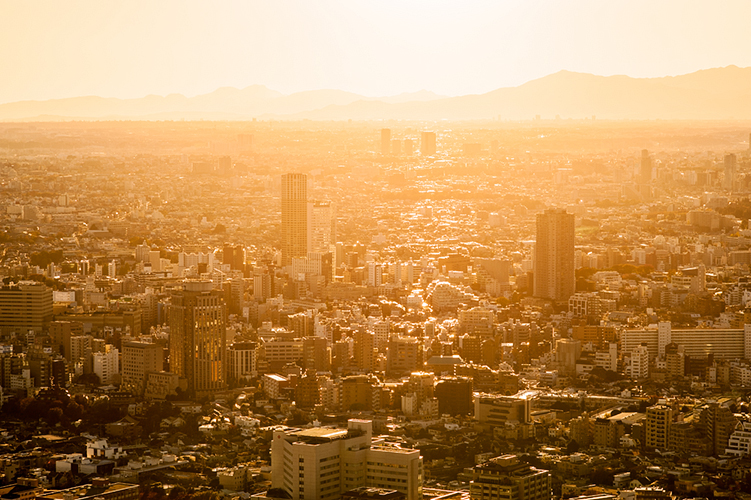 Aerial view of Tokyo, Japan at Sunset