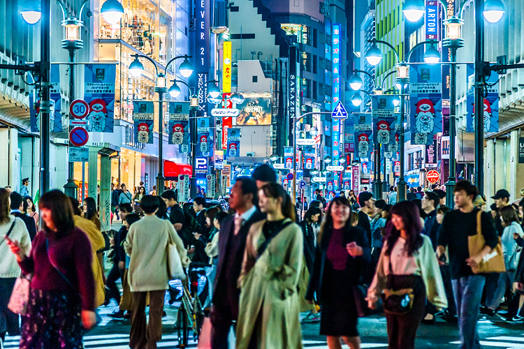 Crowd of people at night, Shibuya, Tokyo