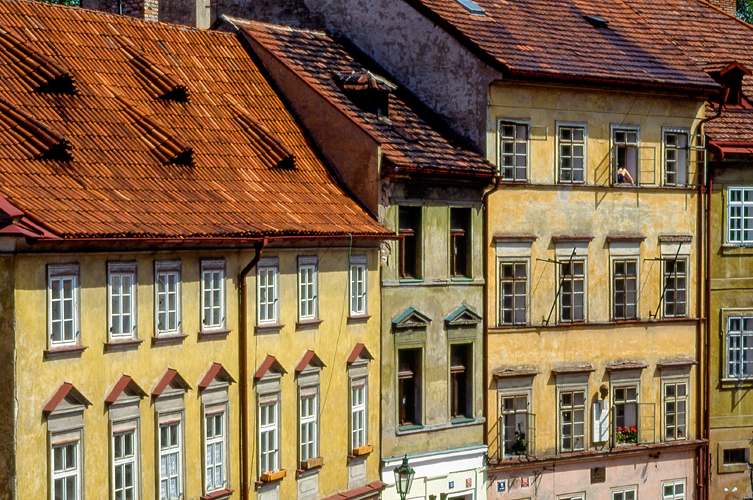 Detail of old building facades and windows, Prague